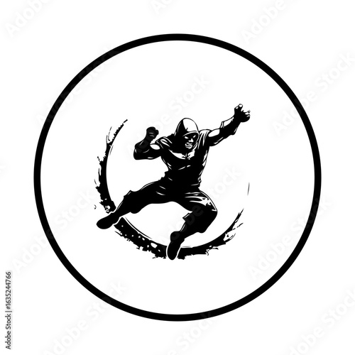 Ninja martial arts silhouette leaping through brush stroke inside the circle a vector drawing illustration