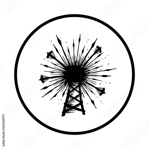 Stylized oil derrick within a circle with emanating energy waves creating an abstract industrial scene or logo concept
