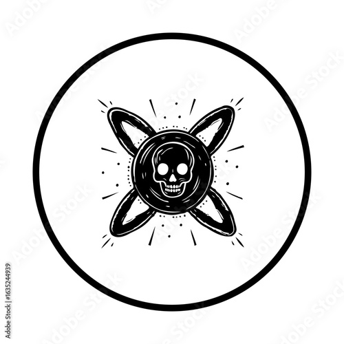 Spooky skull emblem design with cross bones and radiating light illustration, a decorative monochrome