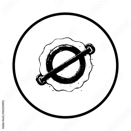 Stylized black and white graphic rendering featuring circular emblem with slashed shape inside, isolated on clean background