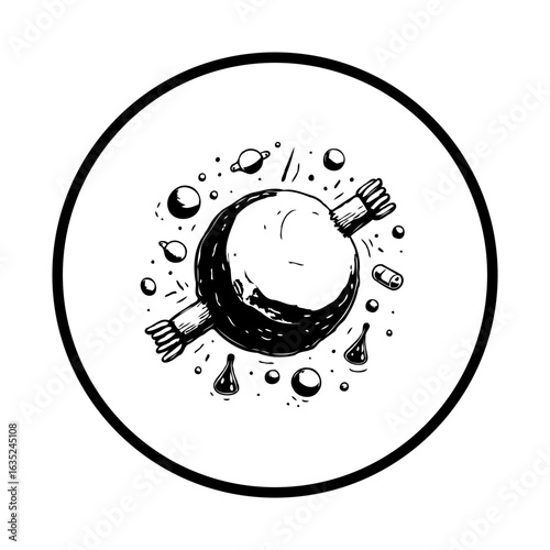 Whimsical universe exploration: A hand-drawn planet adventure in a cosmic dance with hands and celestial orbs