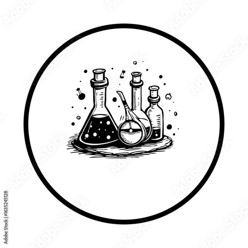 Detailed science laboratory equipment sketch showcases chemistry flasks and beakers for scientific experimentation exploration