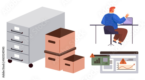 Office worker at desk facing data challenges on laptop, filing cabinet with documents, cardboard boxes, data graphs with alert icons. Ideal for data management, organization, workflow, analytics