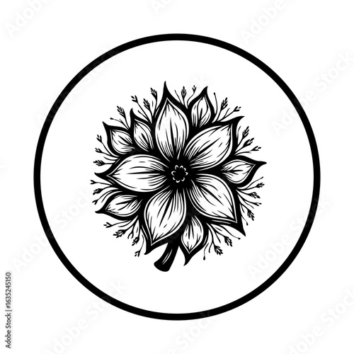 Elegant floral emblem within circle showcases botanical artistry and intricate patterns enhancing aesthetic appeal through monochromatic sophistication with captivating artistic design