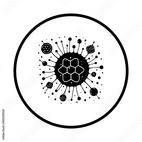 Conceptual graphic of a black and white microbe organism representation inside a circular border