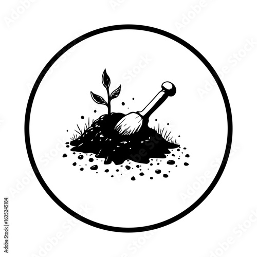 Simple black and white illustration depicting a small plant growing from soil with shovel inside a circle logo concept