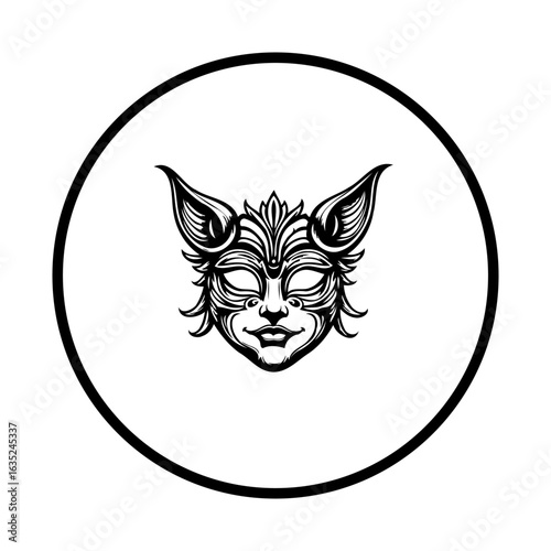 Mystical feline face with elaborate mask and ornamental details in a minimalist circular frame design