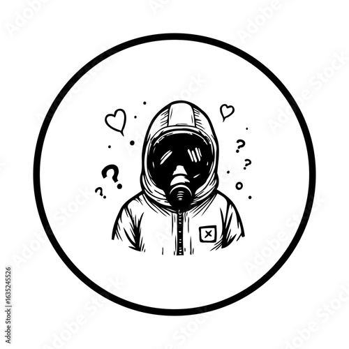Isolated person wearing a gas mask in a circle illustration depicting environmental concerns and uncertainty with affection symbols