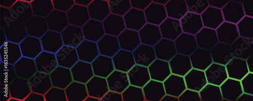 Dark hexagon abstract technology background with blue and pink colored bright flashes under hexagon. Hexagonal gaming vector abstract tech background.