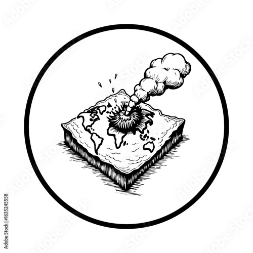 Global Warming Awareness: Depiction of a Volcano Erupting from Earth's Surface within a Circular Frame Illustrating Environmental Concerns