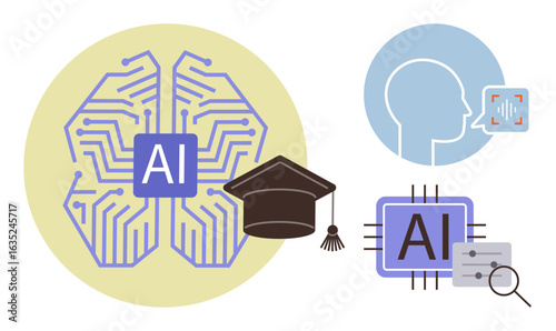 Brain icon with AI label, graduation cap, speech recognition profile, and AI chip, representing learning, technology, automation, and innovation. Ideal for education AI machine learning voice