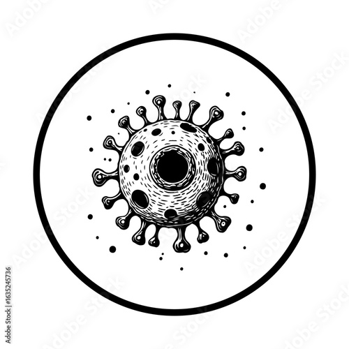 A graphic depiction of a single virus cell illustrates the microscopic structure and potential threat
