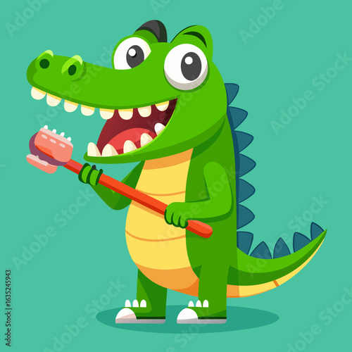 Green crocodile brushing teeth with toothbrush cartoon