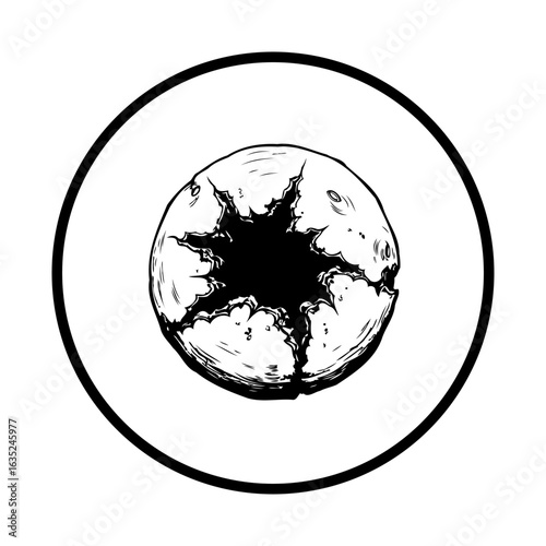 Detailed sketch of a crumbling moon within a circle evokes cosmic fragility and decay depicting lunar apocalypse with depth