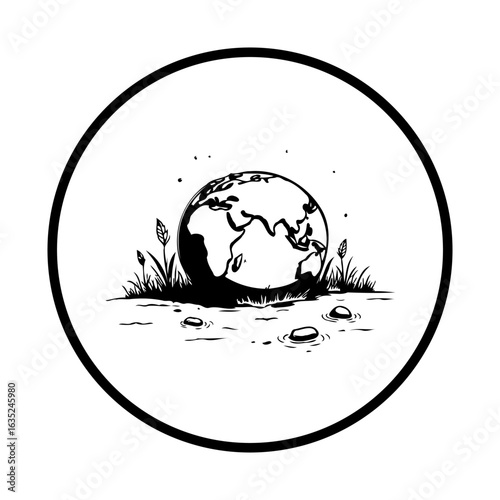 A minimalist vector illustration of the earth globe on land, emphasizing environmental concerns and global issues, perfect for design projects