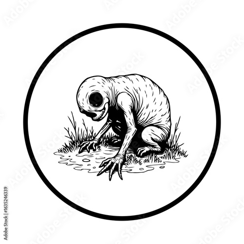 A creepy creature with large eye sockets crouched down in the grass within a circle design