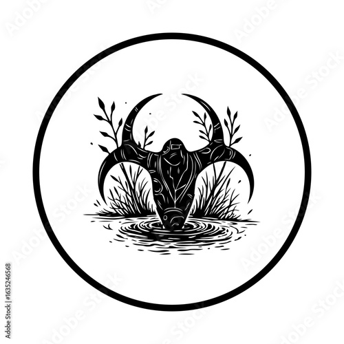 Mystical aquatic creature with horns in water illustration in black and white artistic design