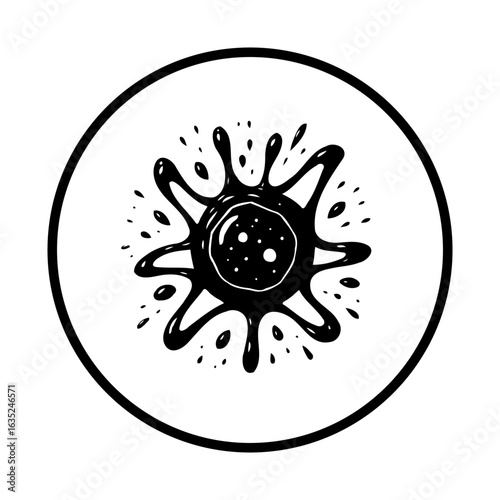 Illustration of a microbe or virus surrounded by a black ring with droplets, showing infection