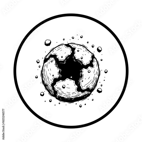 Monochrome earth illustration showcasing environmental degradation and global issues through a symbolic representation and climate crisis awareness