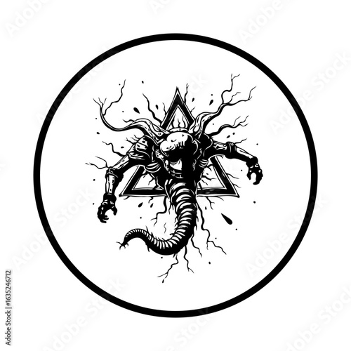 Mystical creature illustration with geometric frame offering an enchanting blend of fantasy and esoteric allure
