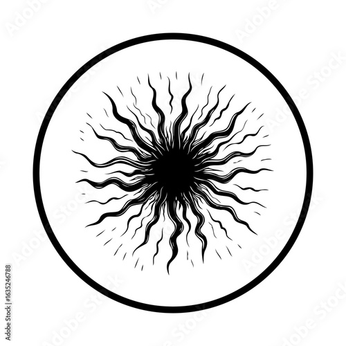 Abstract black sun drawing radiates energy within circle, minimalistic solar flare design representing cosmic power with intense vibes, artistic impression