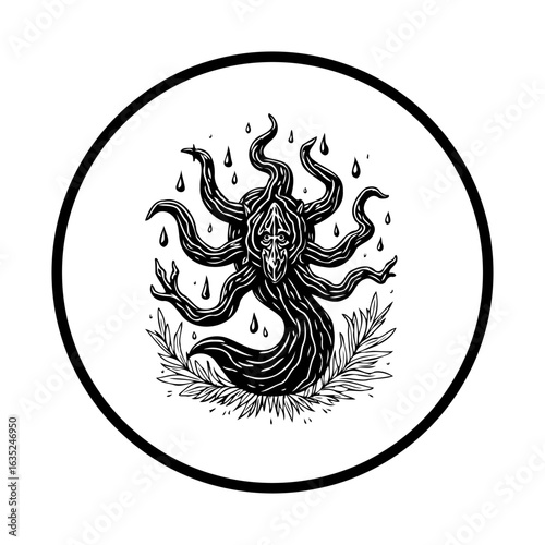 Mystical horror creature with tentacles illustration drawing representing dark fantasy and paranormal existence within ominous nature depiction