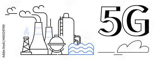 Factory with smokestacks, tanks, and pipelines beside 5G signal, clouds, and water waves. Ideal for technology, network, smart industry, future innovation industrial automation connectivity simple