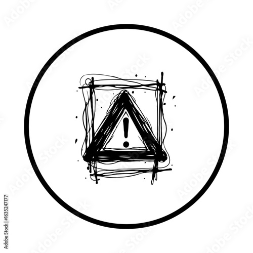 Vector warning sign black scribble in square frame within circle, illustration representing danger concept, caution sign