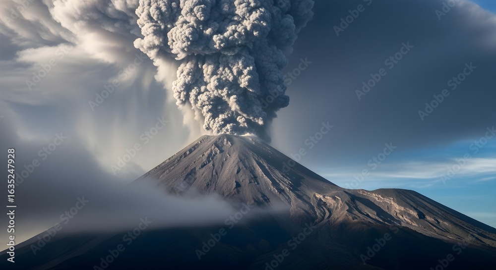Obraz premium Majestic volcano erupting, spewing massive ash cloud into dramatic stormy sky with swirling clouds