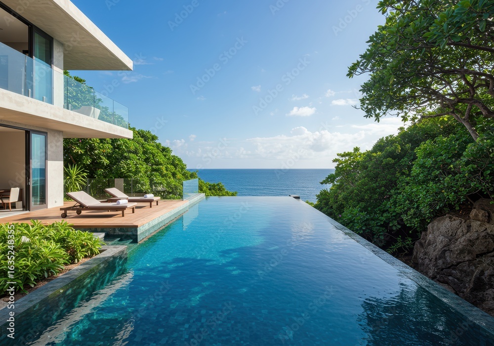 Obraz premium Modern luxury villa with infinity pool overlooking the ocean