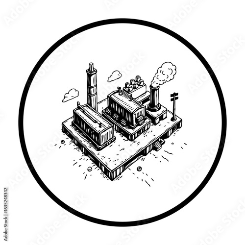 Monochrome factory illustration showcases industrial architecture with towering chimneys and buildings emitting smoke within a circular frame