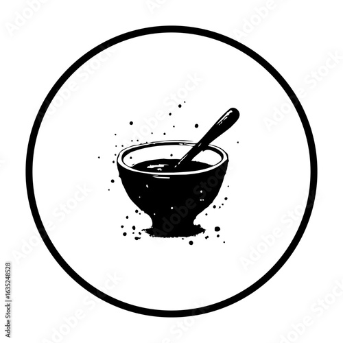 Monochrome depiction of a soup bowl containing liquid with a spoon in elegant composition design
