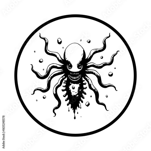 Illustration of a creepy octopus with sinister smile and spooky eyes creating a captivating design