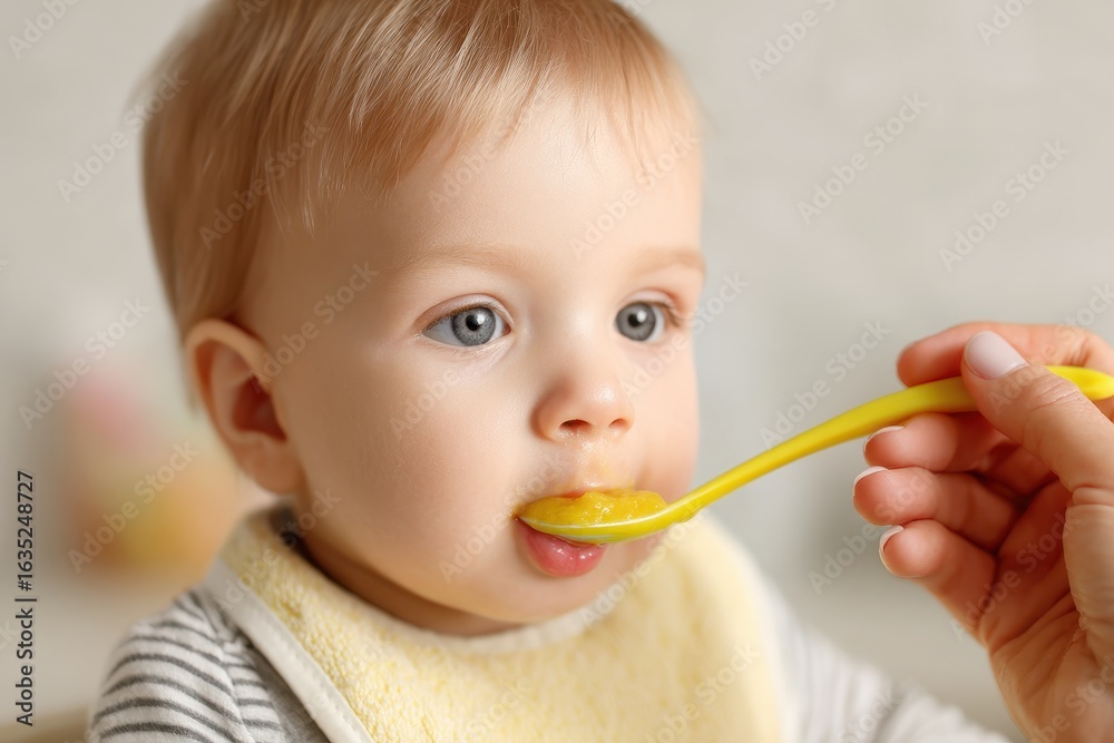 Close up of a mother spooning puree to her young child Close up of a mother spooning puree to her young child