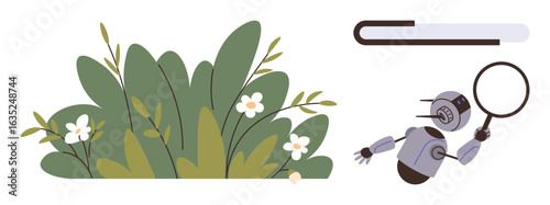 Robot inspects plants and flowers with magnifying glass as progress bar suggests analysis or growth. Ideal for technology, AI, nature, research, growth, innovation, discovery. Simple flat metaphor