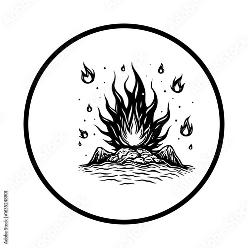 Monochrome illustration featuring a fire with detailed flames, rocks, and water elements inside a circle