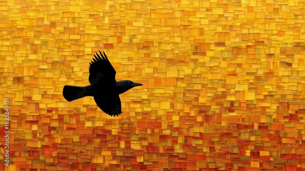 Naklejka premium Black bird silhouette flying against abstract golden and orange textured background