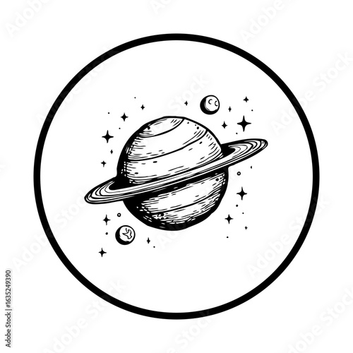 Hand drawn vector illustration of saturn planet in space with stars and moons within circle