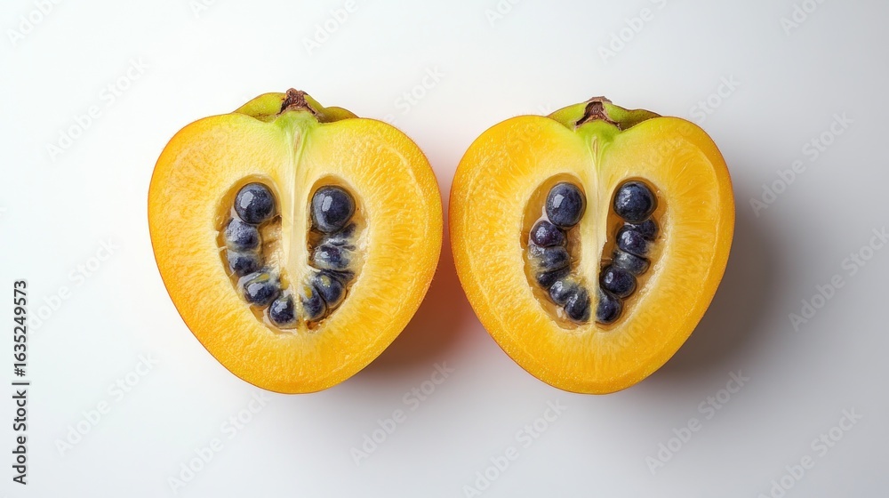 Close-up of Two Passion Fruit halves vibrant yellow flesh dark seeds. Close-up of Two Passion Fruit halves vibrant yellow flesh dark seeds.