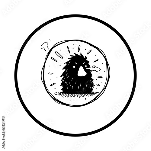 Whimsical creature in a circle with emanating energy, a playful design featuring a small monster character, black and white