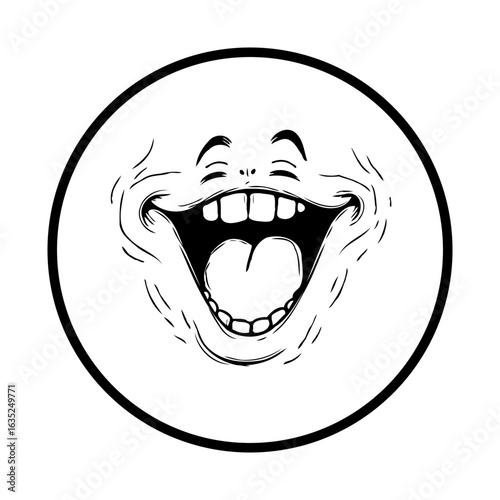 Cartoon caricature featuring a wide open mouth with visible teeth, representing joy, laughter, and unrestrained happiness, encapsulated within a clean round circle