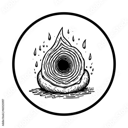 Abstract black and white whirlpool with water droplets, creating captivating visuals and evoking emotion in minimalist art, design