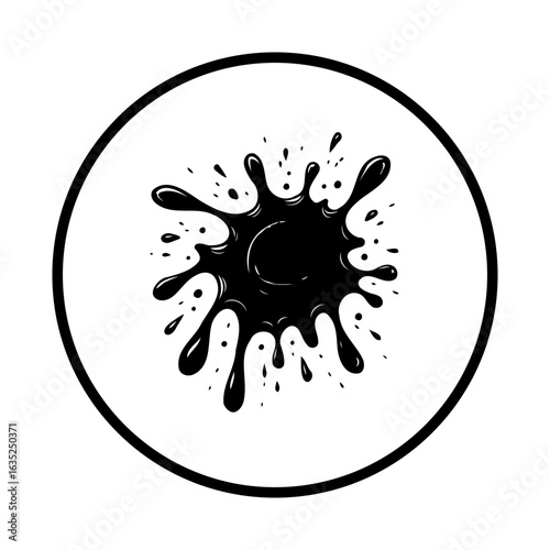 A minimalist vector illustration of a black ink blot inside a circular frame for graphic design applications