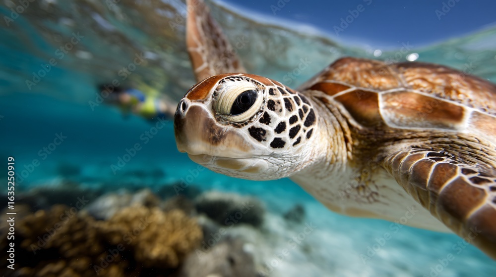 Obraz premium close-up of sea turtle swimming near diver with coral in background