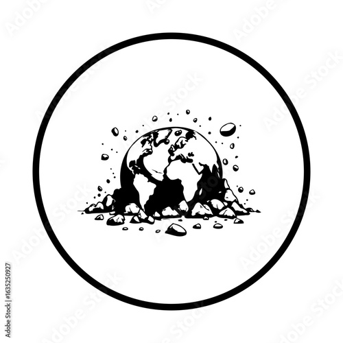 Conceptual earth illustration depicting global collapse, climate change impact with rock debris surrounding the planet