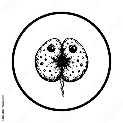 Whimsical illustration showcasing a quirky creature with expressive eyes within a bold circular frame drawing attention