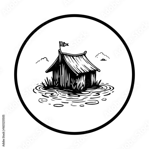 Vintage hand drawn traditional asian house on water with flag and clouds illustration within circle frame