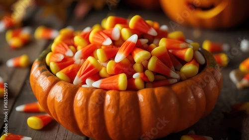 Festive Halloween Candy Corn Overflowing from a Miniature Pumpkin