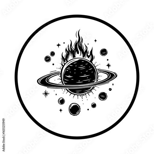 Illustration depicting planet saturn on fire with stars and celestial bodies and ring system in monochrome