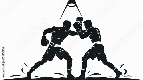 Dynamic black and white silhouette illustration of two boxers intensely competing in a boxing match